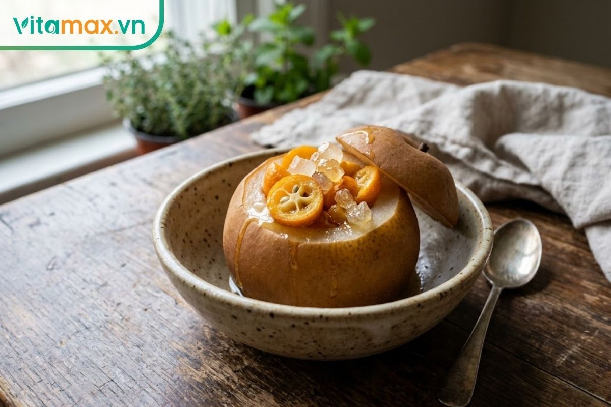 Bàn tay đang cầm hũ thủy tinh rót từ từ mật ong nguyên chất vào bát sứ chứa tắc chưng đường phèn đã nguội bớt.