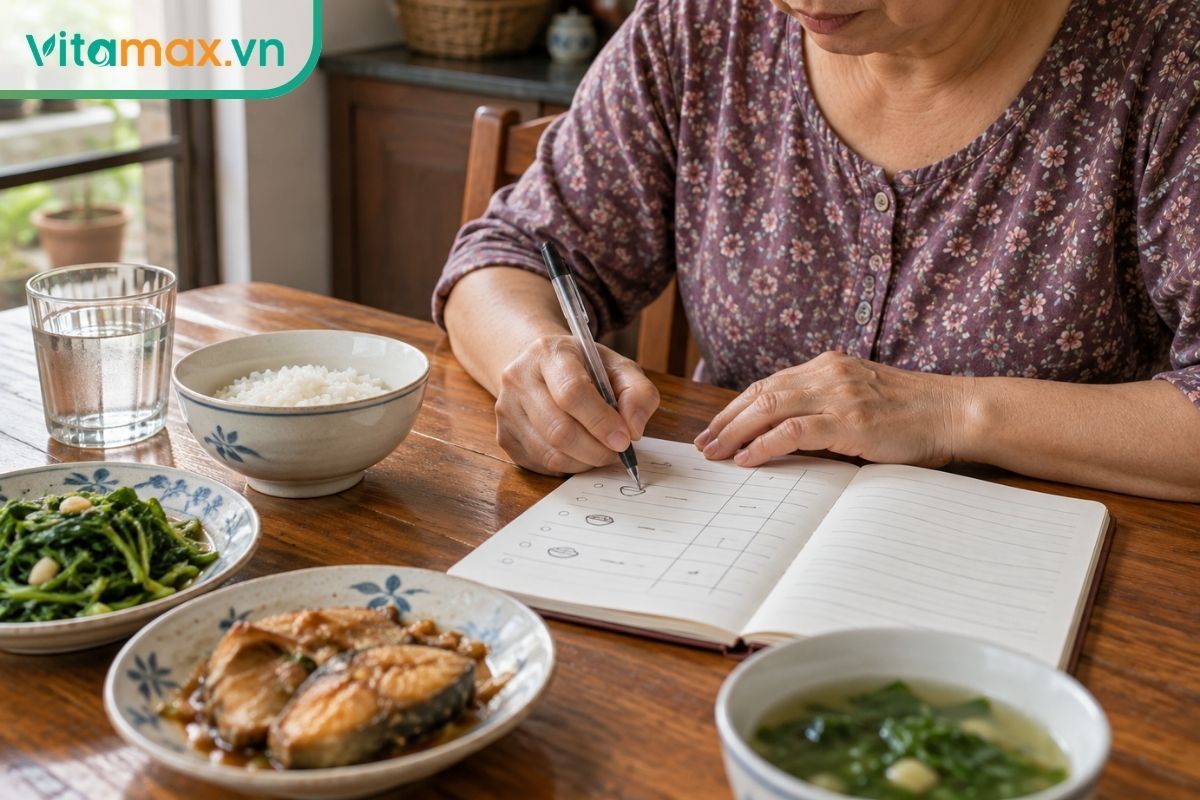Người trưởng thành ghi nhật ký ăn uống tại bàn ăn để theo dõi khẩu phần, thời điểm dùng thực phẩm và phản ứng của cơ thể.