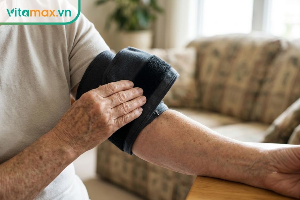 Cận cảnh đôi bàn tay có nếp nhăn của người lớn tuổi đang điều chỉnh băng quấn tay của máy đo huyết áp cá nhân trong phòng khách.