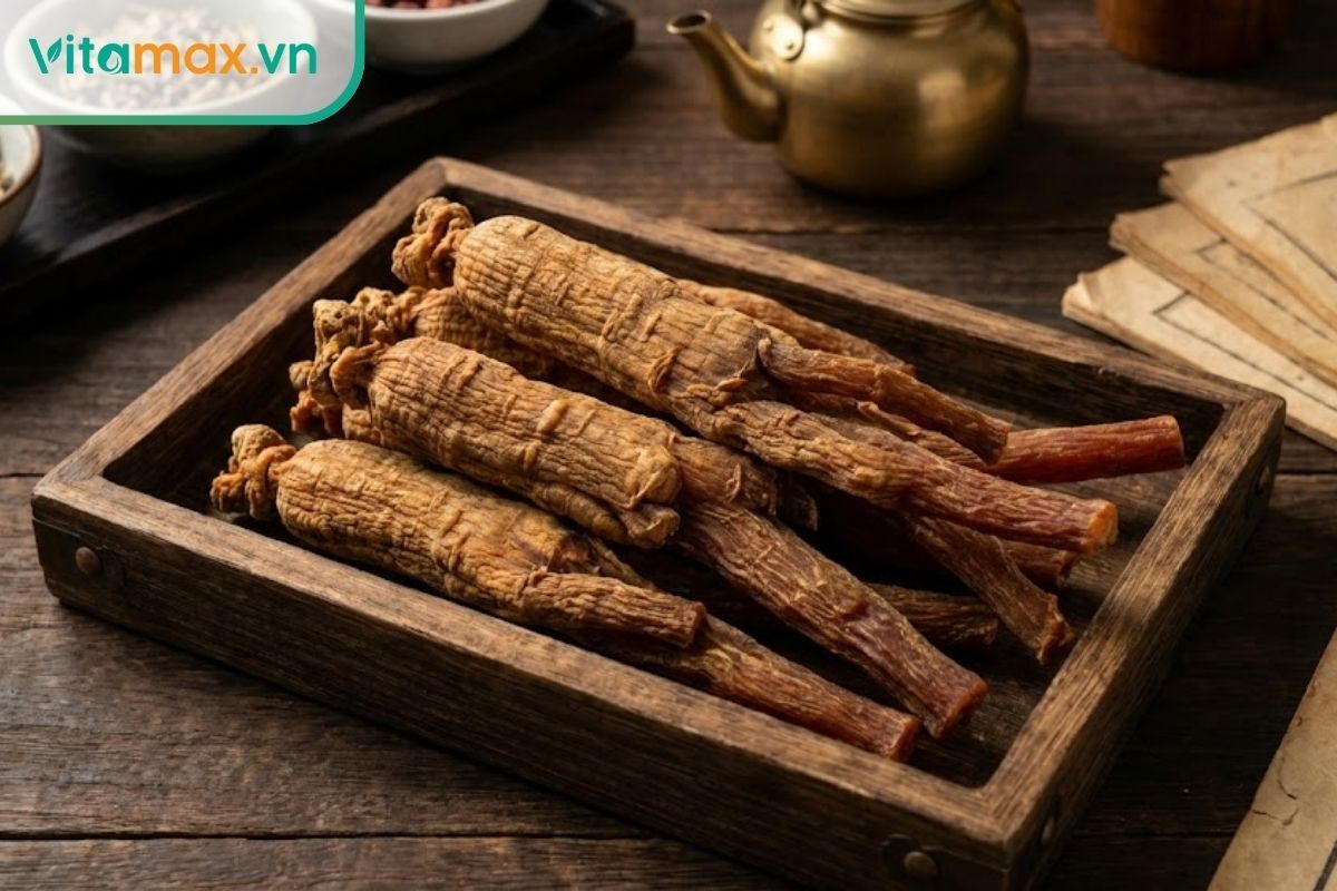 củ thiên sâm hàn quốc khô 6 năm tuổi cao cấp đặt trên bàn gỗ sang trọng, thể hiện sự quý hiếm