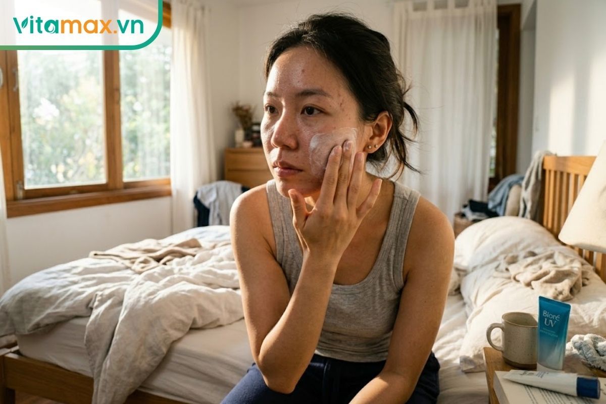 Người phụ nữ đang thoa kem chống nắng lên mặt vào buổi sáng cạnh cửa sổ đầy nắng để bảo vệ da sau khi đắp mặt nạ nghệ mật ong.