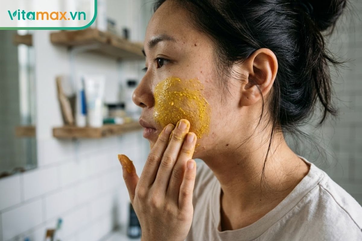 Cận cảnh làn da mộc của một người phụ nữ đang được thoa lớp mặt nạ màu vàng sệt tự nhiên làm từ tinh bột nghệ, saffron và mật ong.