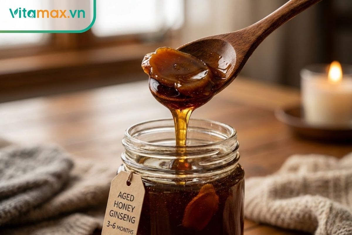 Một thìa gỗ múc sâm ngâm mật ong đã ngấu, màu sắc đậm đà, sẵn sàng để sử dụng.