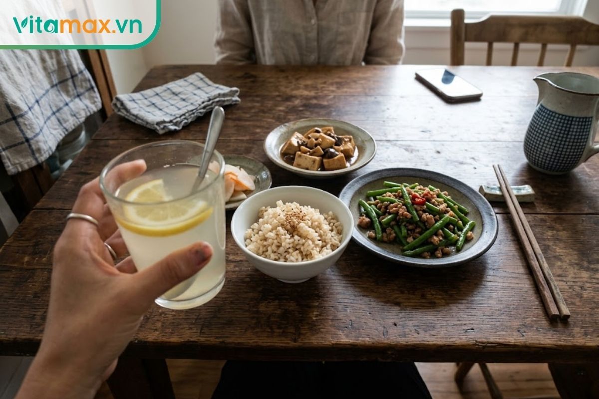 Góc nhìn thứ nhất cầm ly chanh mật ong ấm uống khoảng 30 phút trước bữa ăn gia đình để hỗ trợ kiểm soát khẩu phần.