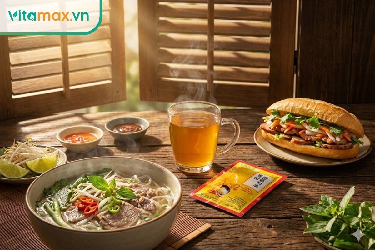 Bàn ăn sáng kiểu Việt Nam với ly nước ấm và gói đông trùng hạ thảo màu đỏ chuẩn bị cho ngày mới.