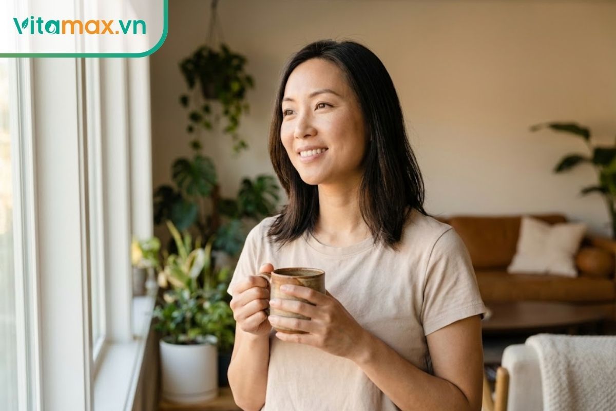 Một người phụ nữ trẻ khỏe mạnh đang thưởng thức ly nước ấm vào buổi sáng bên cửa sổ đầy nắng.