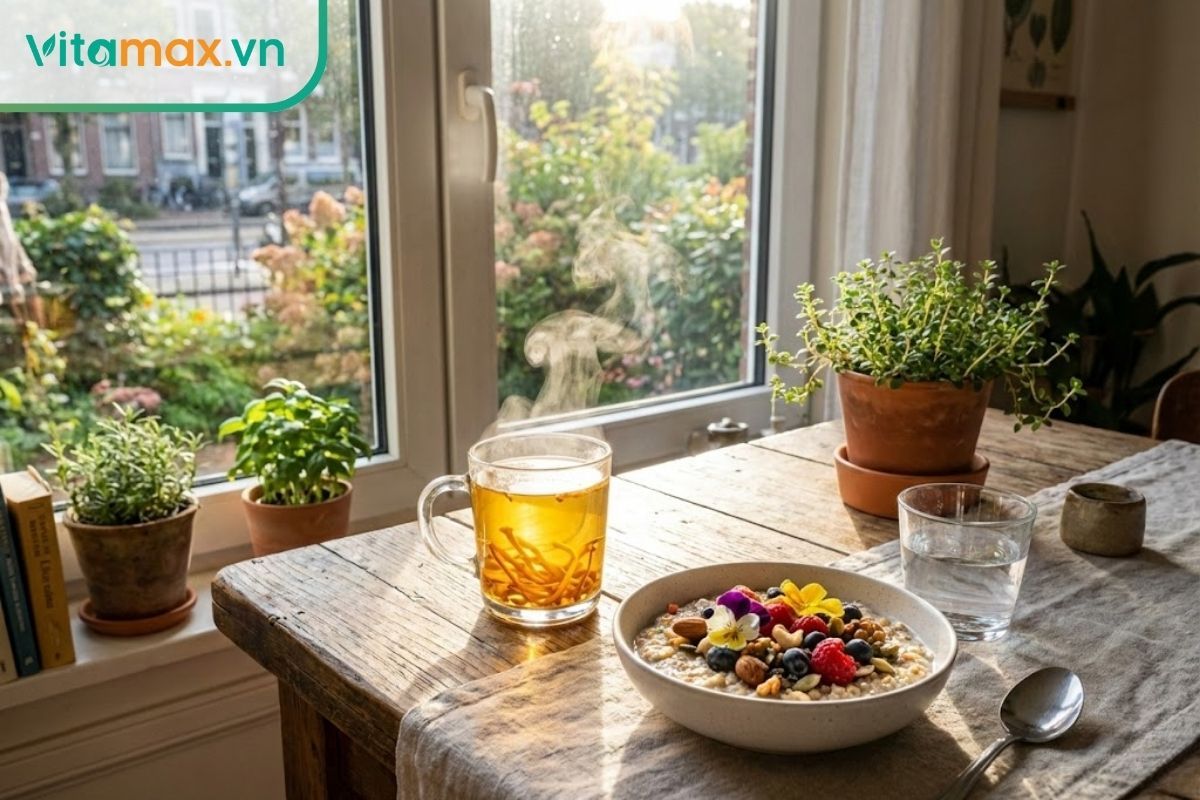 Bữa sáng lành mạnh với ly trà đông trùng hạ thảo ấm nóng, giúp người huyết áp thấp tỉnh táo vào buổi sáng.