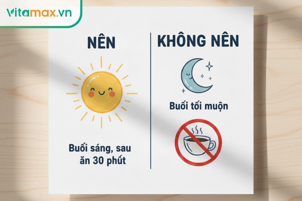 Infographic hướng dẫn thời điểm uống hồng sâm tốt nhất là buổi sáng và nên tránh dùng buổi tối hay kết hợp cùng cà phê.