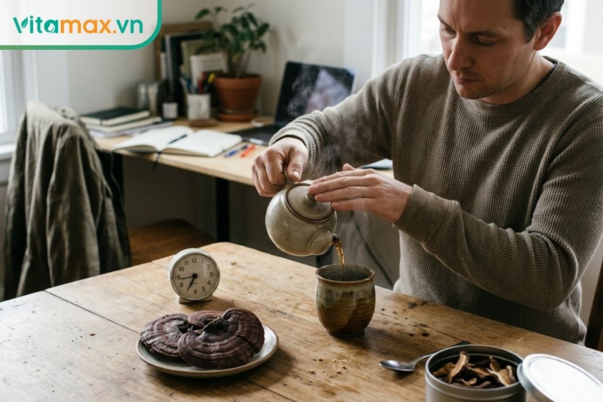 Người pha nước linh chi bên cửa sổ buổi sáng với đồng hồ trên bàn, minh họa cách bố trí thời điểm uống trong ngày.