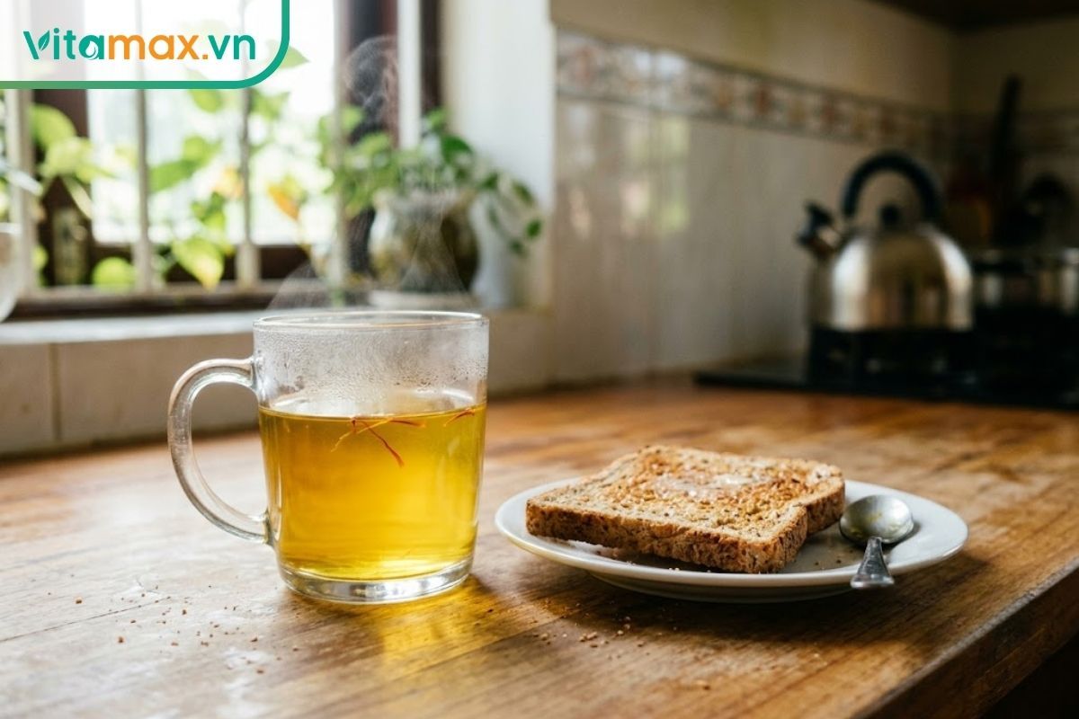 Một ly trà saffron màu vàng ấm áp đặt cạnh một đĩa bánh mì nướng ngũ cốc nguyên cám ăn nhẹ, bối cảnh bàn ăn buổi sáng có ánh nắng tự nhiên.