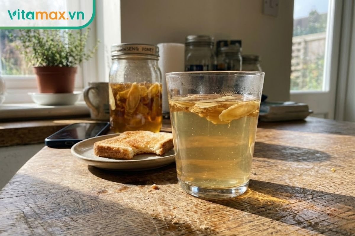 Ly nước sâm ngâm mật ong đặt trên bàn ăn sáng ngập nắng, thời điểm lý tưởng để uống mà vẫn giữ dáng.