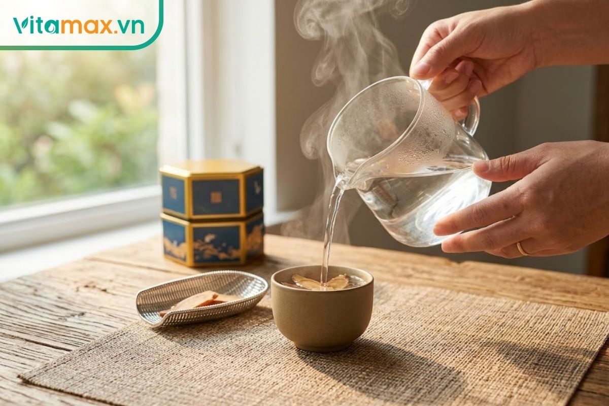Đôi bàn tay đang cẩn thận rót nước nóng từ ấm thủy tinh vào một tách gốm nhỏ chứa các lát sâm, đặt trên bàn cạnh khung cửa sổ ngập nắng sáng.