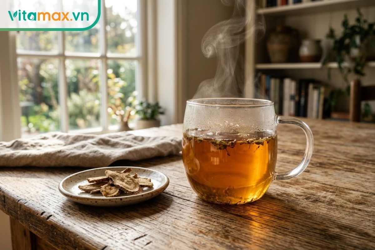 Một tách trà sâm Ngọc Linh ấm bốc khói nhẹ đặt trên bàn gỗ bên cạnh cửa sổ đầy nắng sáng sớm, minh họa thời điểm uống sâm tốt nhất.