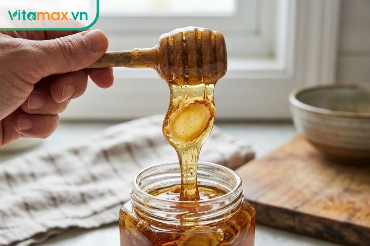 Cận cảnh một chiếc thìa gỗ đang nhấc lên từ hũ thủy tinh, kéo theo dòng mật ong nguyên chất đặc quánh và một lát sâm Ngọc Linh mỏng.