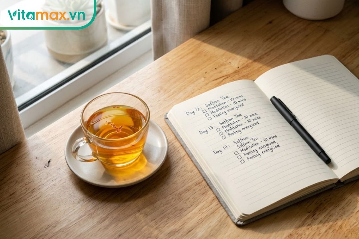 Một ly saffron nhỏ màu vàng ươm đặt cạnh một cuốn sổ tay mở sẵn và chiếc bút trên bàn gỗ, cạnh cửa sổ có ánh sáng chan hòa, thể hiện việc theo dõi thói quen sức khỏe.