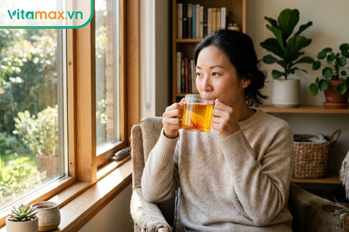Một người phụ nữ đang cầm cốc trà saffron màu vàng cam trong suốt, ngồi thư giãn bên cửa sổ ngập nắng buổi sáng, gương mặt bình yên.