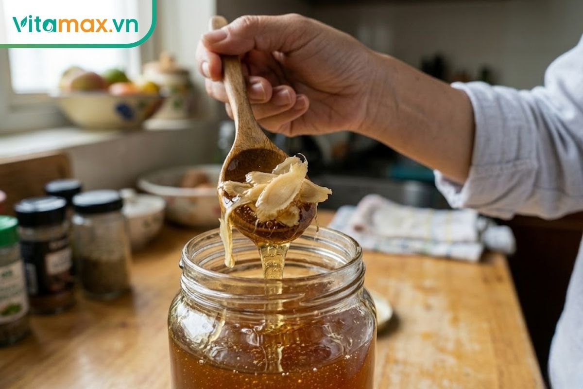 Cận cảnh một chiếc thìa gỗ đang múc những lát sâm Ngọc Linh quyện trong mật ong đặc sánh từ hũ thủy tinh.