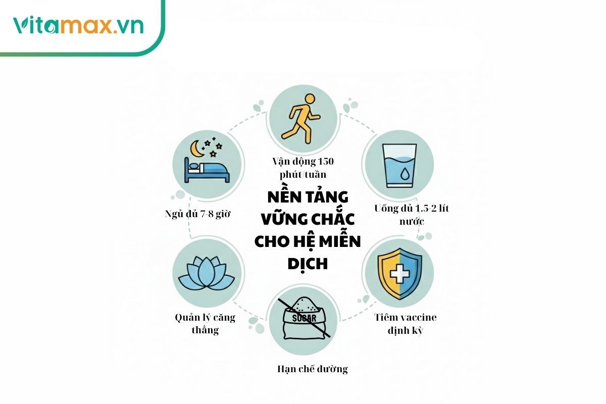 Infographic tóm tắt các thói quen sống lành mạnh giúp tăng sức đề kháng, như ngủ đủ giấc, tập thể dục và quản lý căng thẳng.