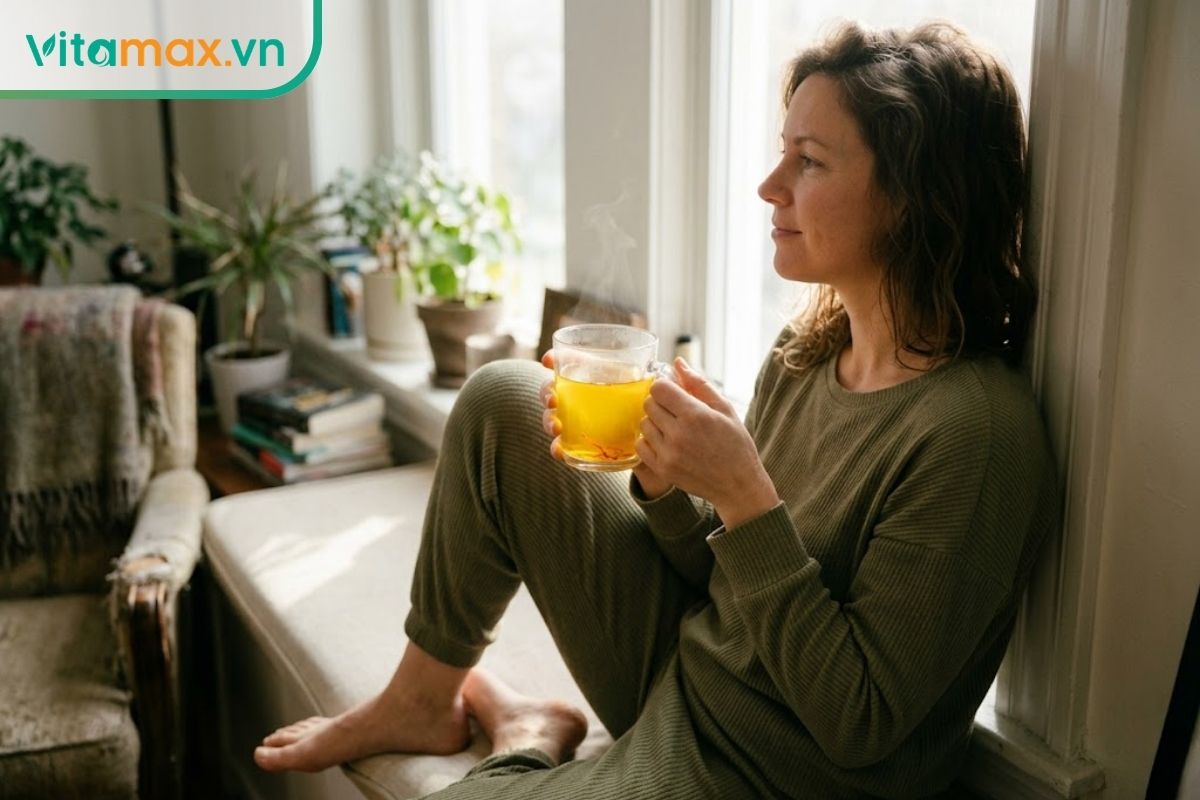 Một phụ nữ với nét mặt thư thái đang cầm ly thủy tinh chứa nước nhụy hoa nghệ tây màu vàng ấm, ngồi đón nắng sớm bên khung cửa sổ.