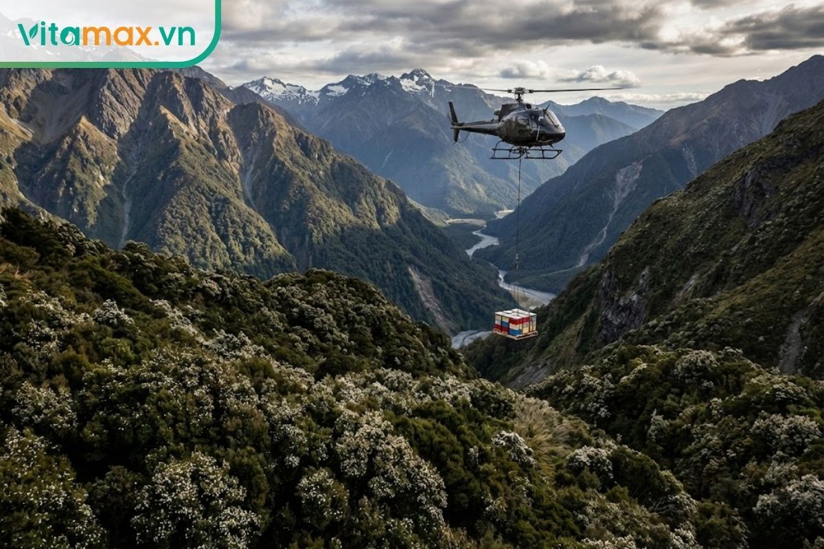 Trực thăng vận chuyển các thùng ong vào sâu trong vùng núi rừng Manuka hiểm trở tại New Zealand.