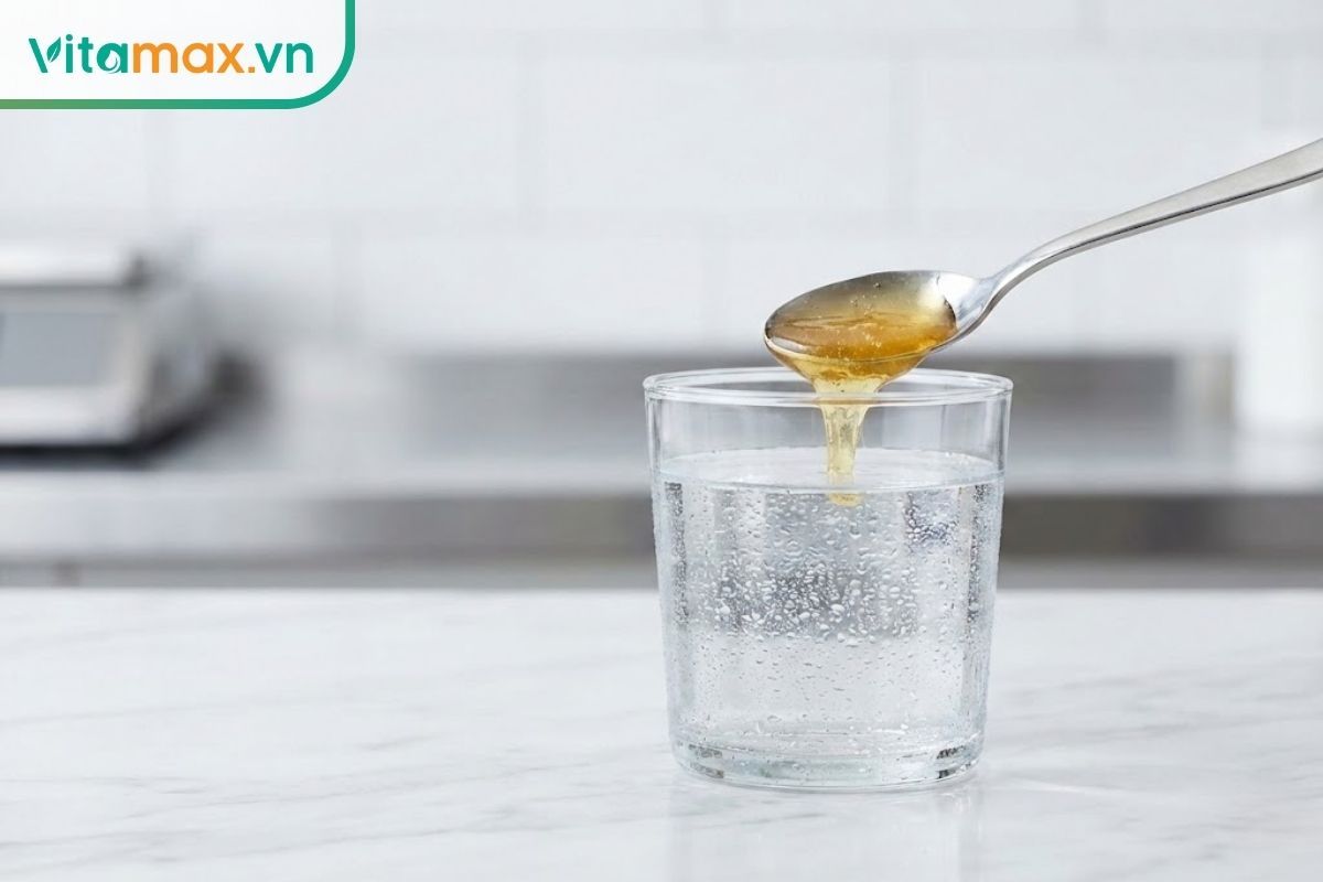 Ly nước lọc nguội trong suốt đặt trên bàn sạch, sẵn sàng cho việc thử nghiệm mật ong.