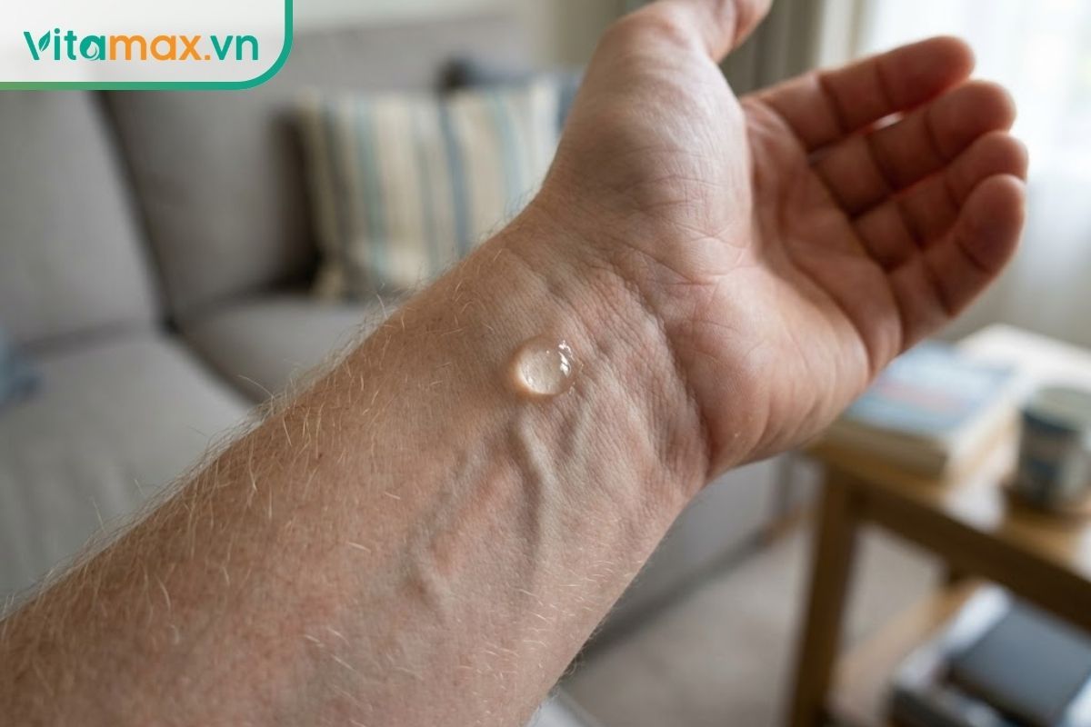 Thử nghiệm patch test bôi nha đam mật ong lên vùng da mỏng ở cổ tay để kiểm tra phản ứng dị ứng trước khi dùng.