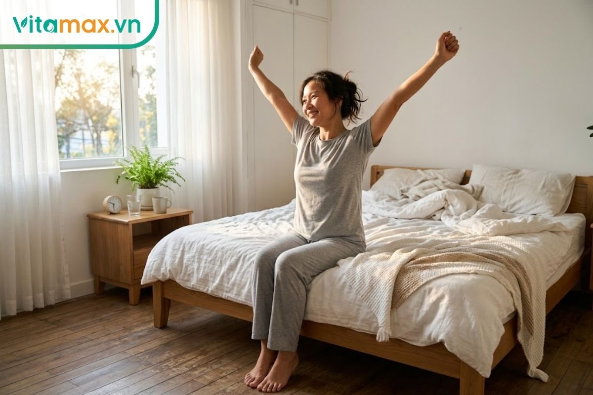 Một người phụ nữ đang vươn vai với gương mặt tươi tắn, tỉnh táo vào buổi sáng trong không gian phòng ngủ ngập tràn ánh nắng tự nhiên.