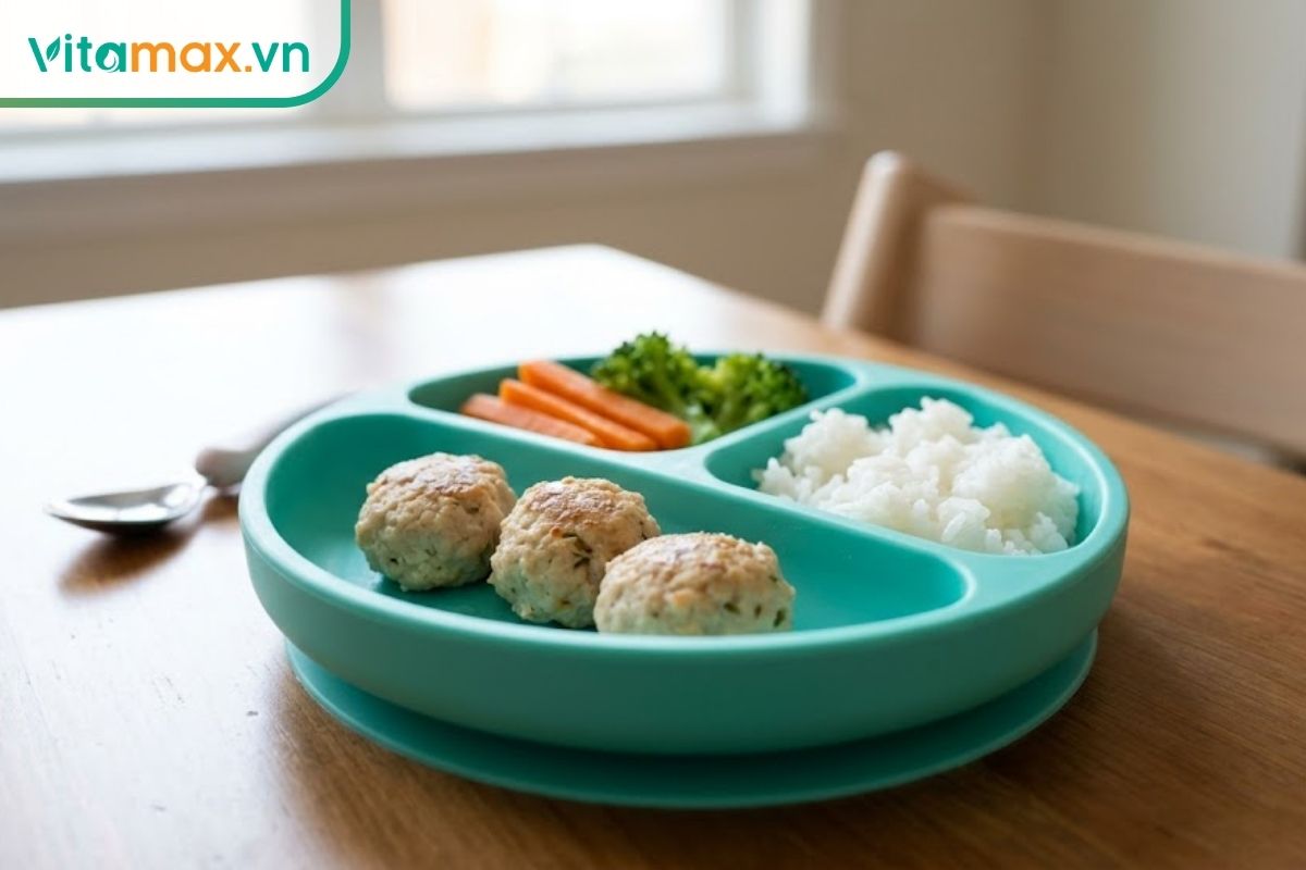 Cận cảnh một khay ăn dặm silicon hình gấu màu xanh dương đựng cơm mềm, ba quả thịt viên nhỏ băm mềm sốt cà chua, súp lơ trắng và cà rốt luộc mềm thái lựu, đặt trên bàn ăn gỗ sạch sẽ.