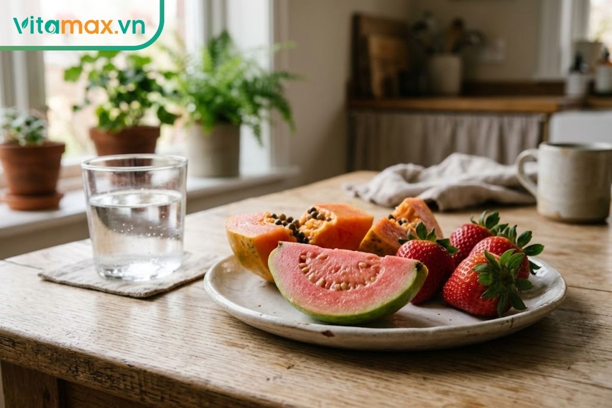 Đĩa trái cây tươi cắt lát gồm ổi lòng đào, đu đủ chín và dâu tây đặt trên bàn ăn sáng, bên cạnh là một ly nước lọc.