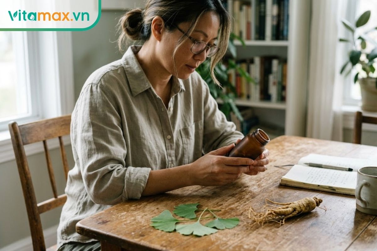 Người phụ nữ tìm hiểu sản phẩm bổ sung trí não từ thảo dược tại nhà, bên cạnh lá bạch quả và củ nhân sâm trên bàn gỗ.