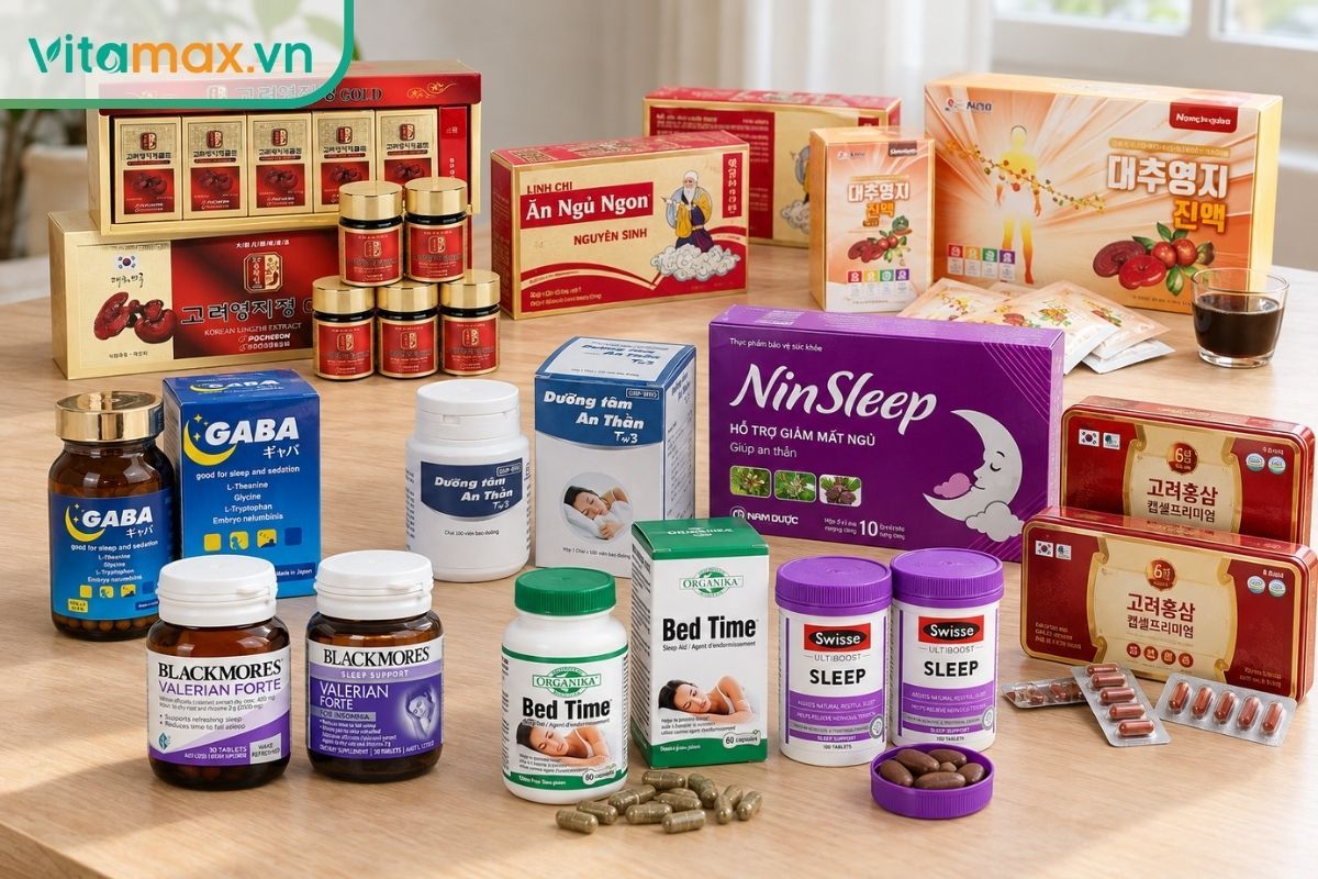 Nhóm thực phẩm chức năng giúp ngủ ngon từ thảo dược gồm nhiều sản phẩm dạng viên, cao và nước uống trong bài