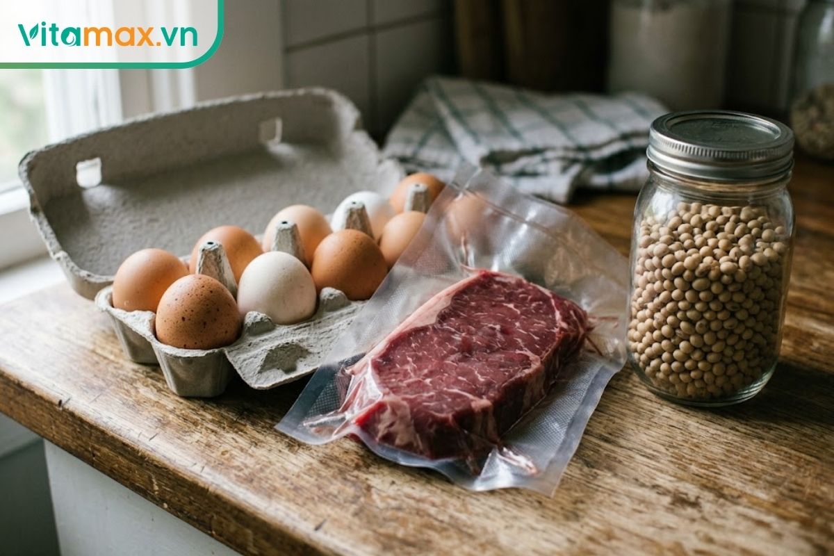 Cận cảnh các nguồn thực phẩm giàu kẽm gồm một khay trứng gà, một miếng thịt nạc đỏ tươi và một bát đậu nành khô đặt trên bàn bếp gỗ sáng.