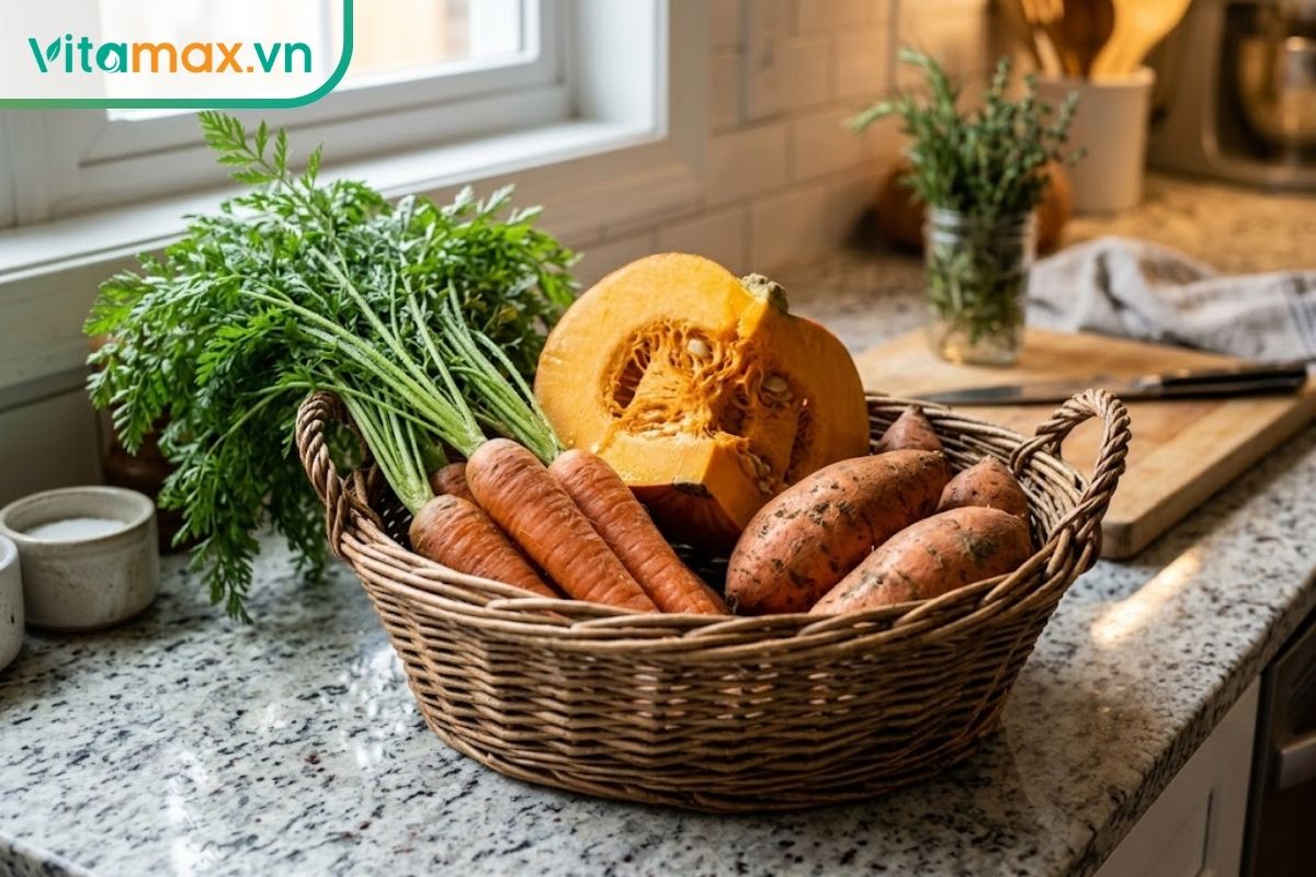 Một chiếc rổ mây đựng cà rốt tươi còn cuống lá, một góc bí đỏ và khoai lang cam được đặt trên kệ bếp đá hoa cương.