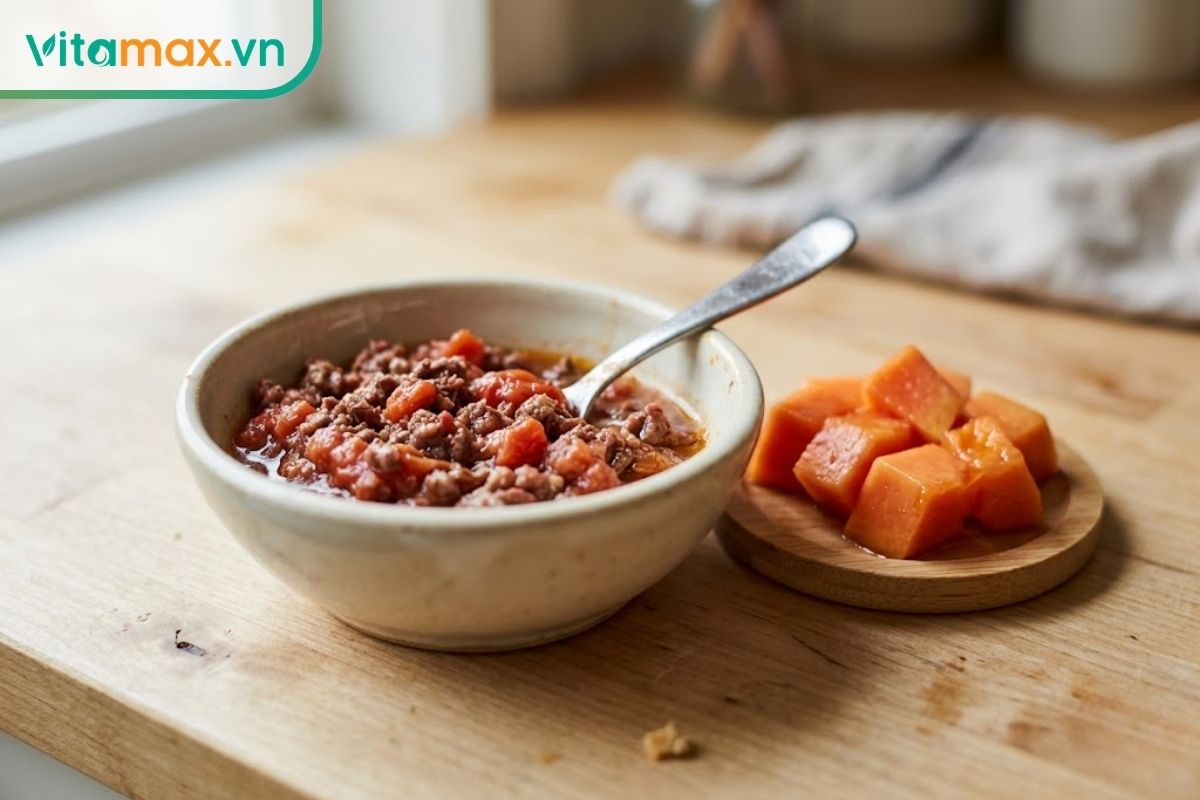 Cận cảnh một bát nhỏ đựng thức ăn dặm gồm thịt bò băm nhỏ nấu với cà chua, bên cạnh là vài miếng đu đủ chín thái hạt lựu đặt trên bàn bếp.