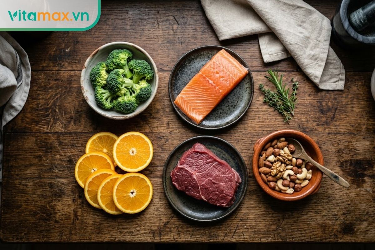 Các loại thực phẩm tươi sống tốt cho thai kỳ gồm súp lơ xanh, cam, một lát cá hồi, thịt bò nạc và các loại hạt được bày biện gọn gàng trên mặt bếp gỗ.