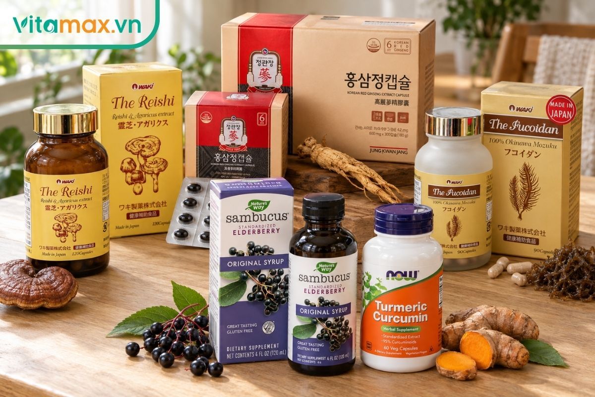 Nhiều thực phẩm chức năng tăng sức đề kháng từ linh chi, hồng sâm, cơm cháy đen, nghệ và tảo nâu trên bàn gỗ