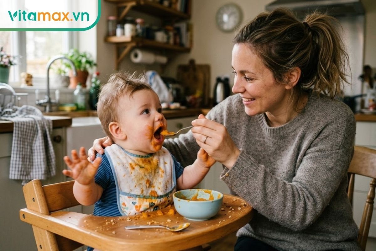 Mẹ đang đút cho em bé ăn dặm món khoai lang nghiền tự nhiên màu cam thay vì lạm dụng các chất tạo ngọt đậm như mật ong hay siro.