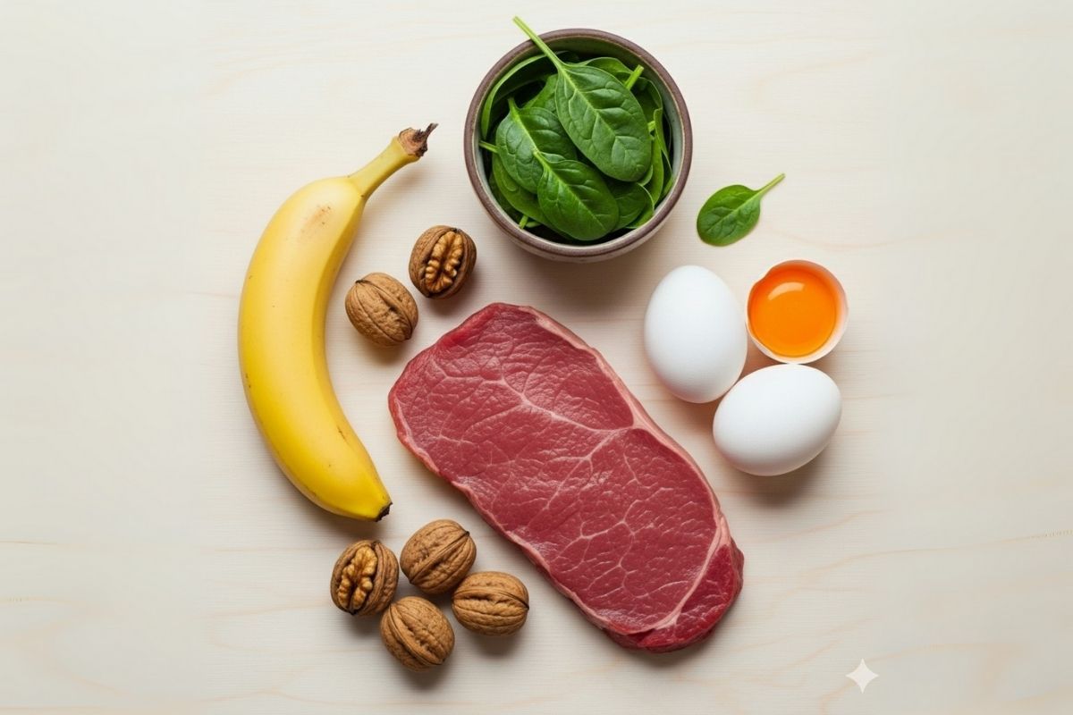Các loại thực phẩm tốt cho người huyết áp thấp như thịt bò, trứng, rau xanh, giàu vitamin B12, sắt và folate.