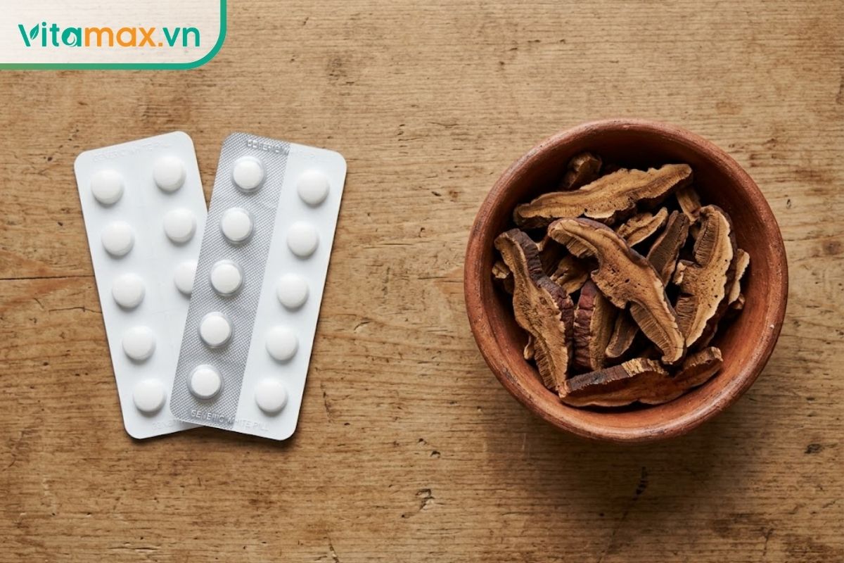 Các vỉ thuốc tây điều trị bệnh được đặt cách biệt với một đĩa nhỏ đựng nấm linh chi khô trên mặt bàn gỗ.
