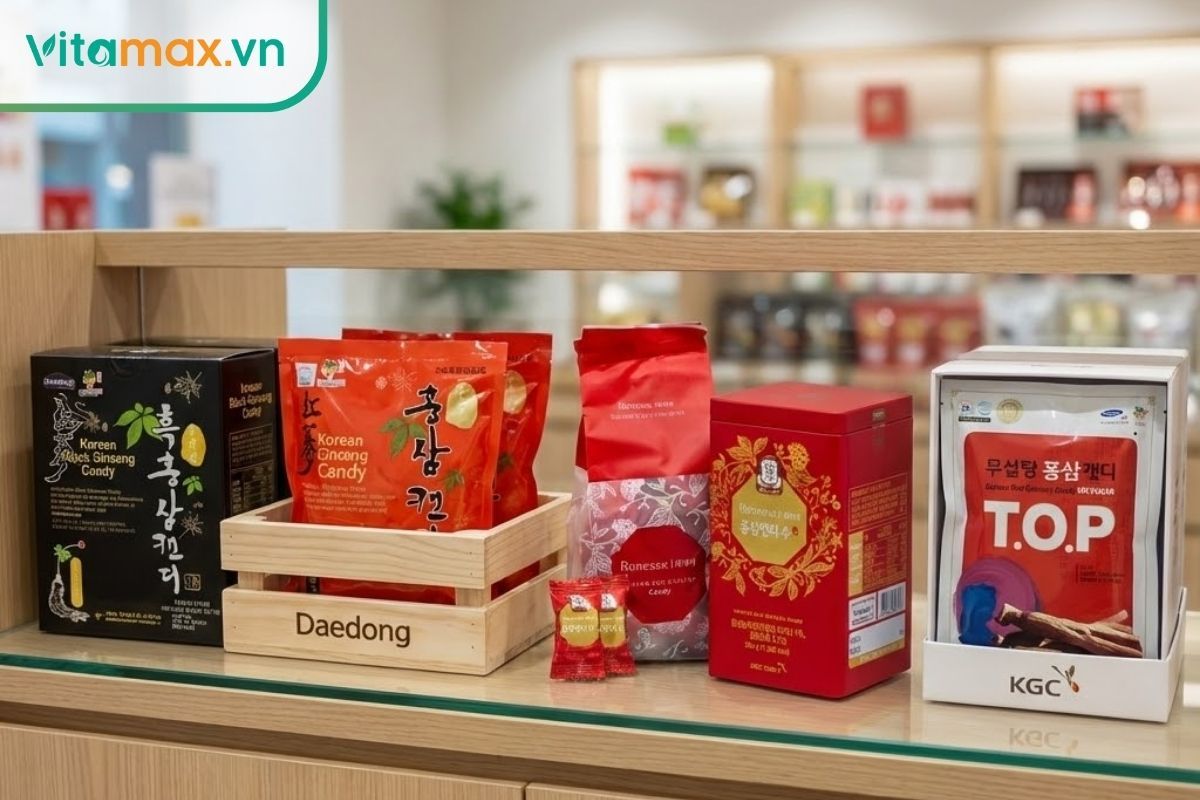 Kệ trưng bày các sản phẩm kẹo sâm từ thương hiệu Daedong, KGC và Daesan tại cửa hàng chính hãng.