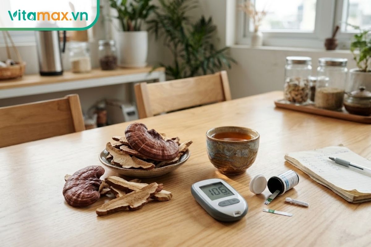 Nấm linh chi khô, tách trà ấm và máy đo đường huyết đặt trên bàn gỗ, gợi chủ đề sử dụng linh chi ở người tiểu đường.