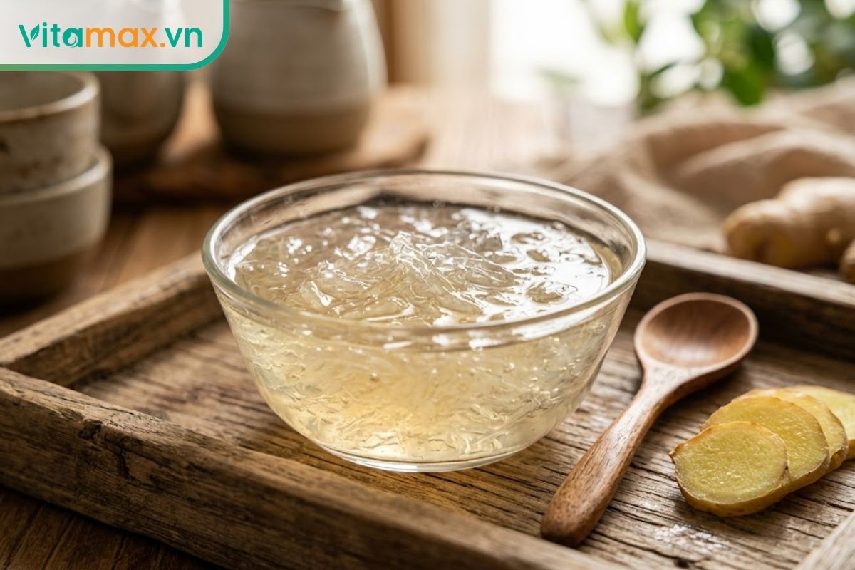 Chén thủy tinh nhỏ đựng yến sào chưng sợi trong vắt, đặt trên khay gỗ mộc mạc cùng vài lát gừng vàng tươi cắt mỏng.