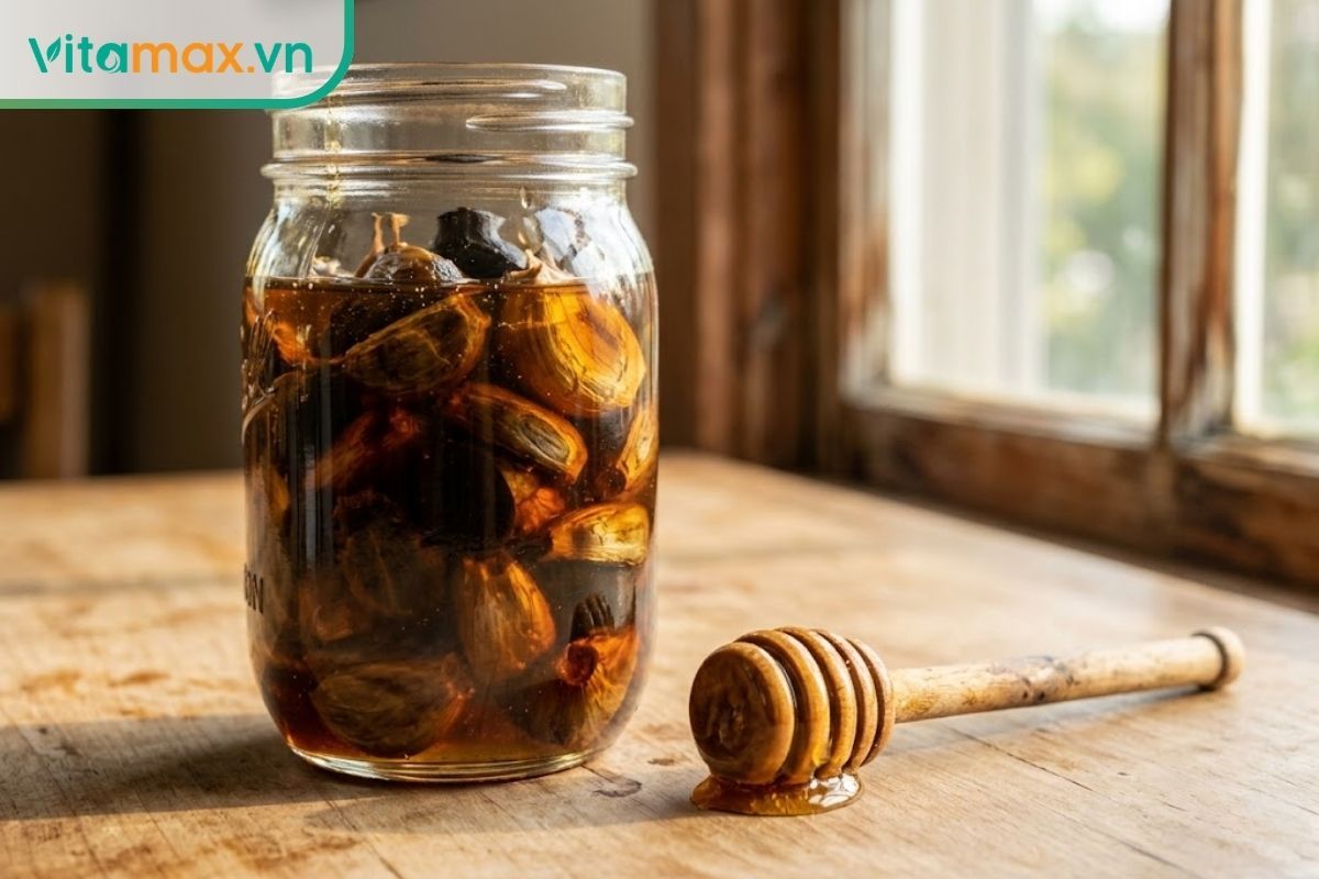 Hũ tỏi đen ngâm mật ong nguyên chất và thìa gỗ lấy mật trên bàn bếp, giúp hỗ trợ sức khỏe tự nhiên.