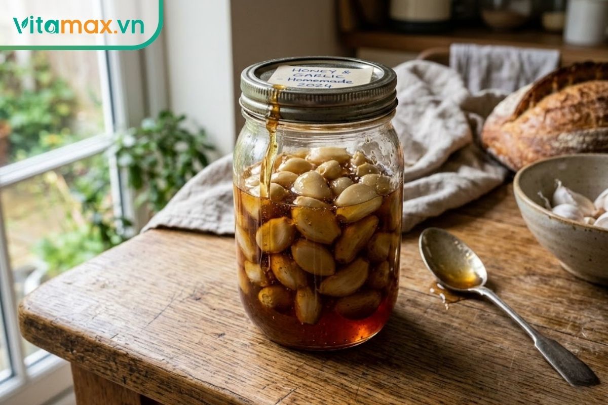 toi-ngam-mat-ong-co-tot-cho-gan-khong.jpgHũ tỏi ngâm mật ong tự làm đặt trên bàn gỗ, giải đáp thắc mắc tỏi ngâm mật ong có tốt cho gan không.