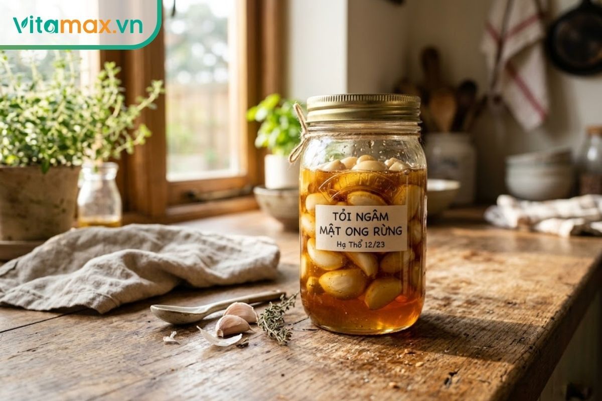 Hũ tỏi ngâm mật ong nguyên chất được bảo quản đúng cách trong không gian bếp gia đình.