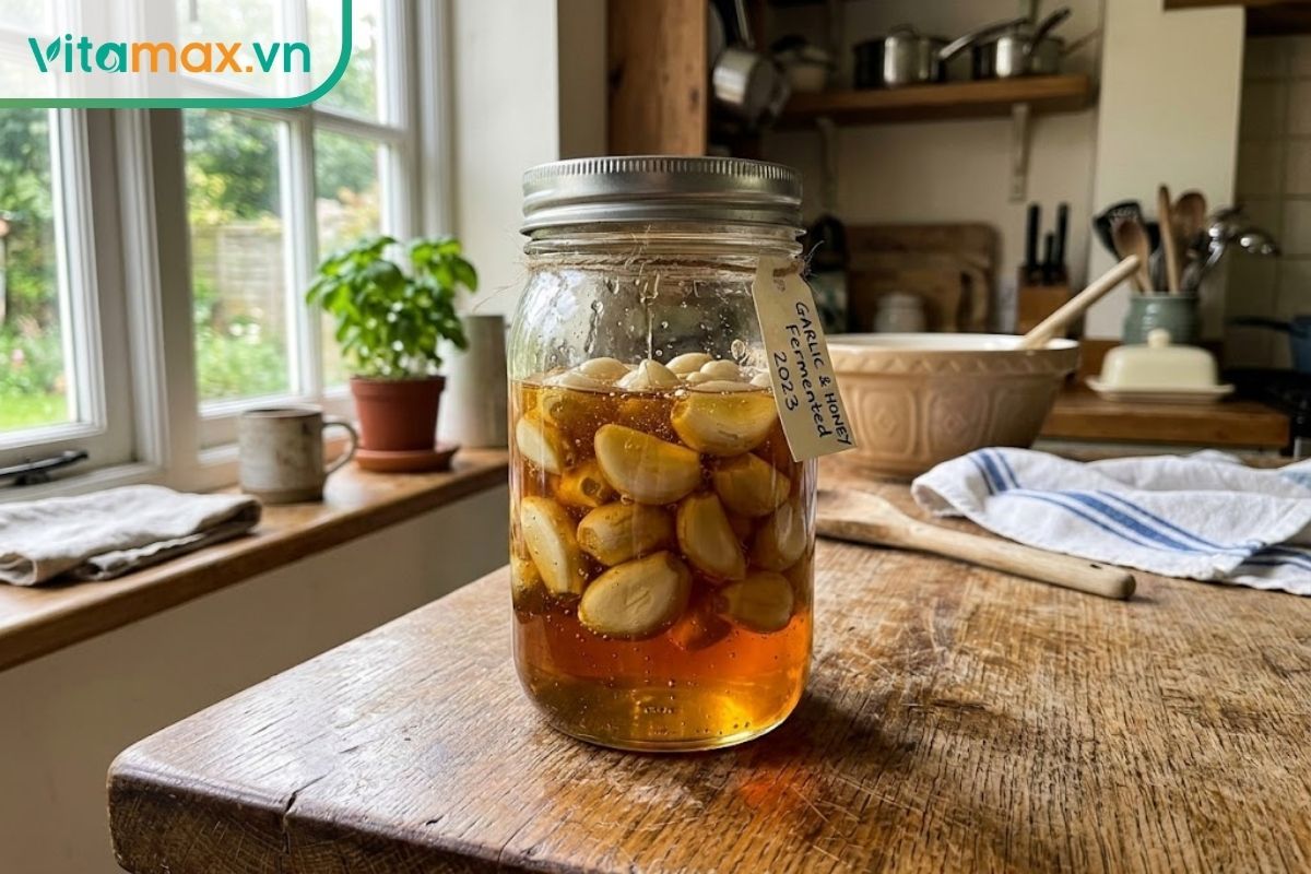 Hũ tỏi ngâm mật ong ngả màu vàng ươm đặt trên kệ bếp, minh họa cho thời gian bảo quản lý tưởng từ 3 đến 6 tháng.