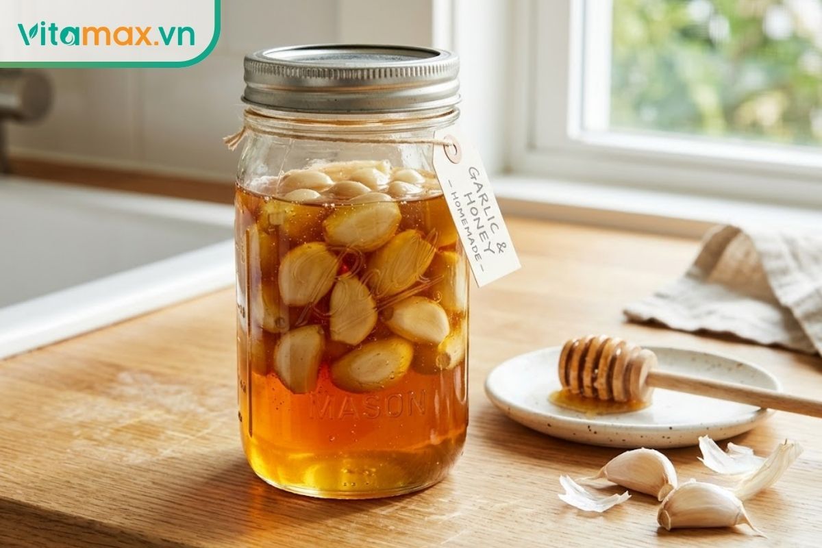 Hũ thủy tinh chứa tỏi ngâm mật ong màu vàng óng được đặt trên bàn bếp gỗ, cạnh đó là vài tép tỏi tươi và dụng cụ lấy mật ong bằng gỗ, ngụ ý về một phương pháp chăm sóc sức khỏe tự nhiên tại nhà.