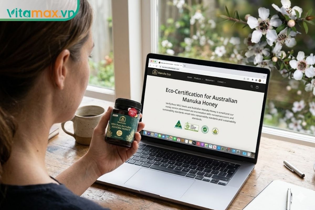 Một người đang ngồi bên laptop, tay cầm lọ mật ong Manuka và đối chiếu thông tin chứng nhận hữu cơ, sinh thái của sản phẩm trên màn hình máy tính.