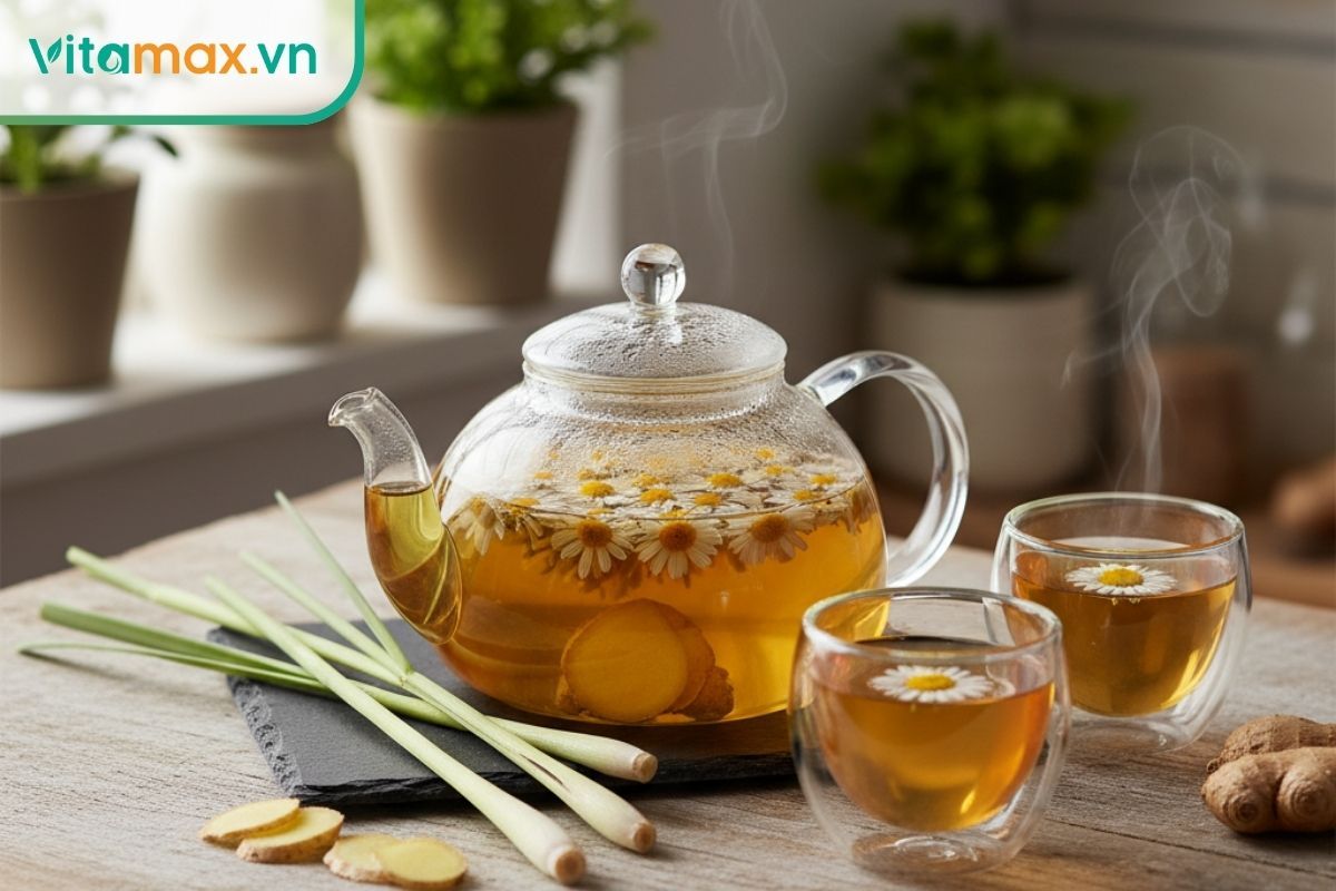 Một tách trà gừng thảo mộc ấm nóng, chứa nhiều polyphenol giúp kháng viêm và hỗ trợ hệ miễn dịch.