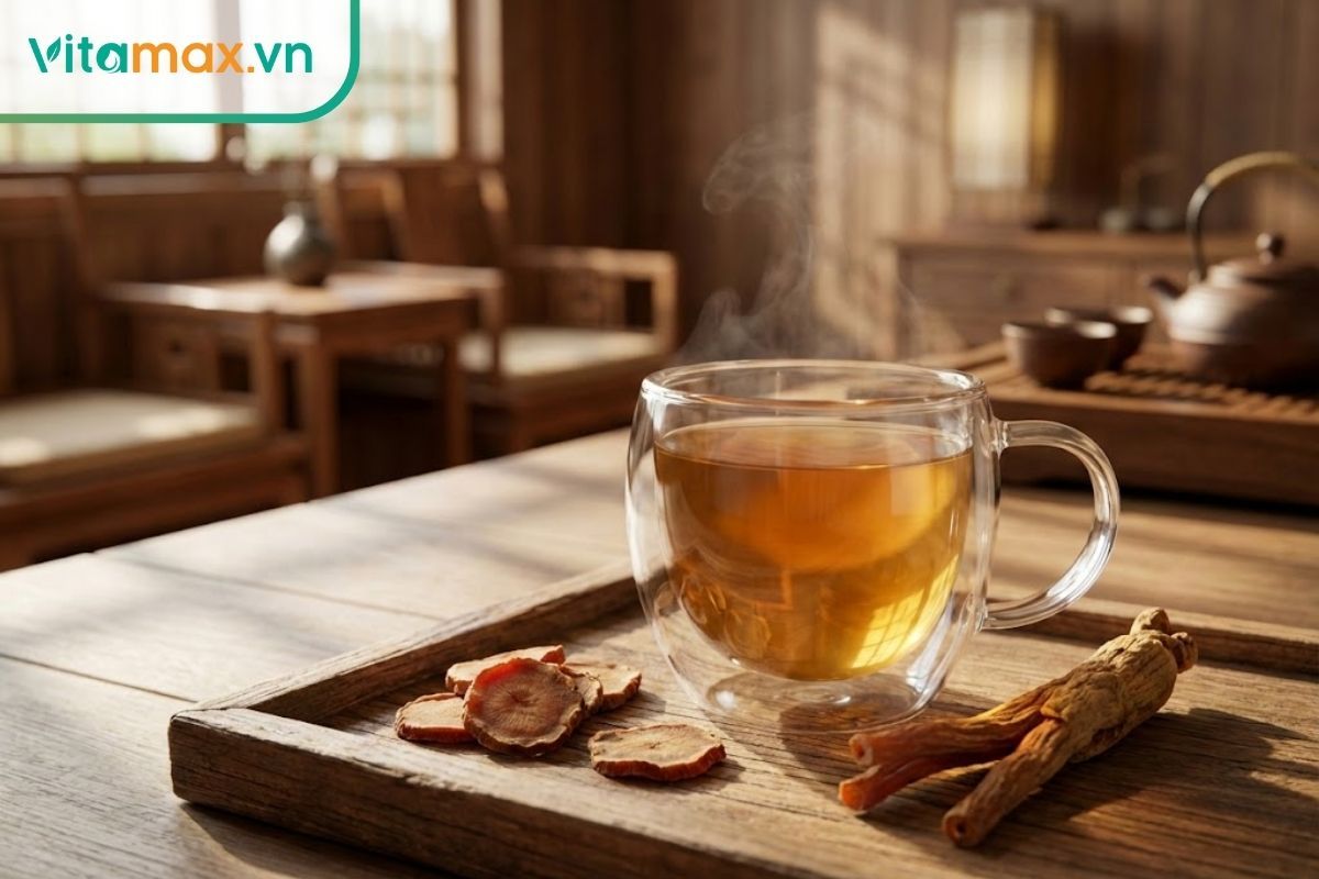 Ly trà hồng sâm màu vàng nâu óng ánh đặt trên bàn gỗ, bên cạnh là sâm lát khô.